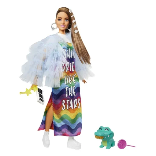 Barbie Muneca Morena Articulada Con Vestido Arcoiris, Accesorios De Moda Y Mascota Extra* Munecas Y Peluches